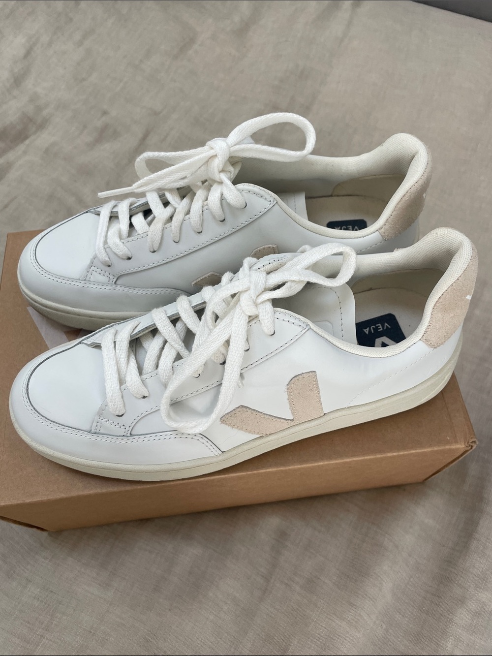 Veja V-12 Leather White Sable Sneakers - Women's Low-Top Sneakers